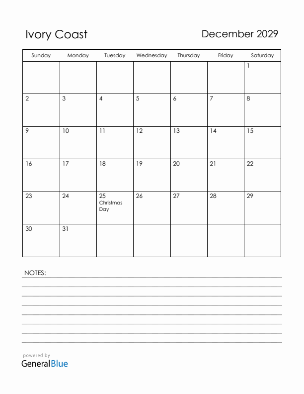 December 2029 Ivory Coast Calendar with Holidays (Sunday Start)