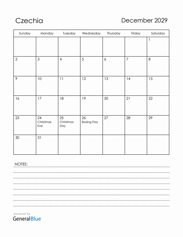 December 2029 Czechia Calendar with Holidays (Sunday Start)