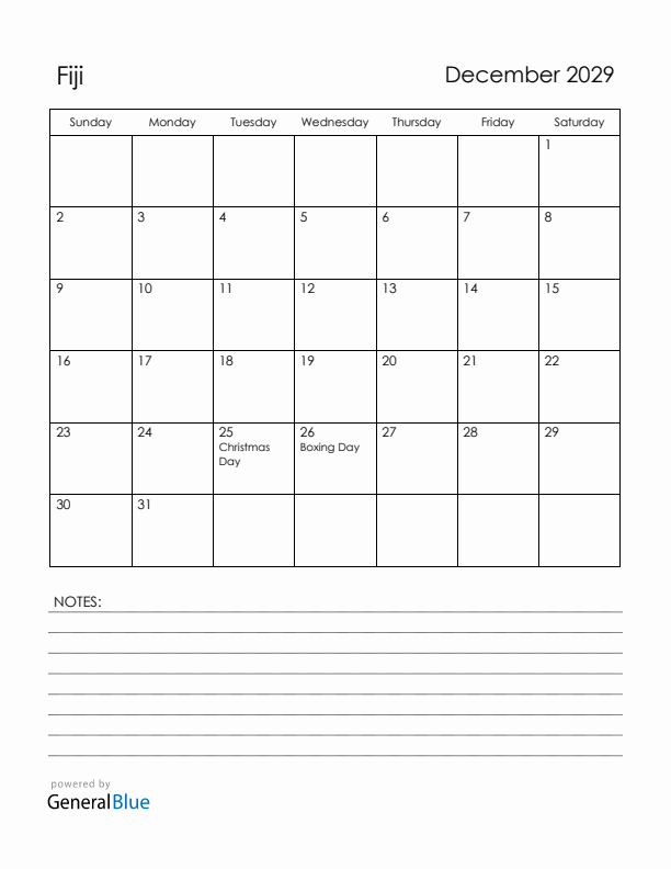 December 2029 Fiji Calendar with Holidays (Sunday Start)