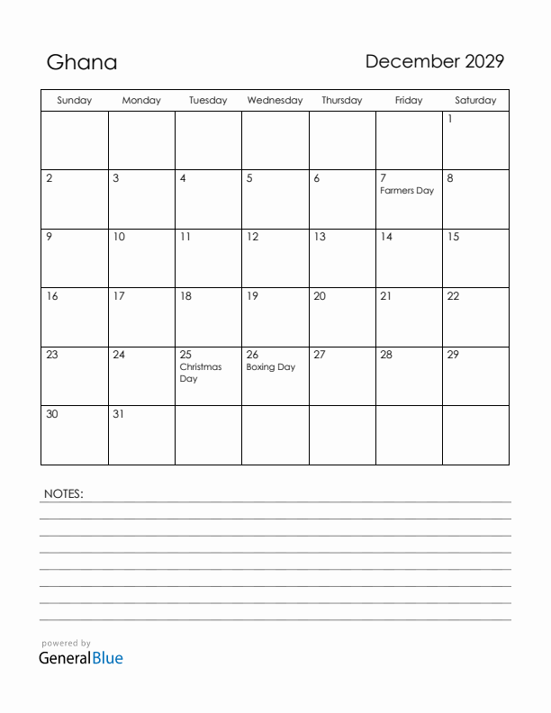 December 2029 Ghana Calendar with Holidays (Sunday Start)