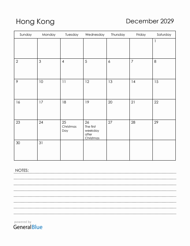 December 2029 Hong Kong Calendar with Holidays (Sunday Start)