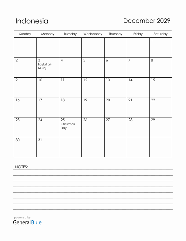 December 2029 Indonesia Calendar with Holidays (Sunday Start)