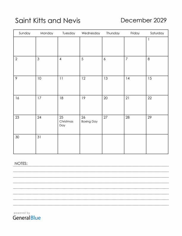 December 2029 Saint Kitts and Nevis Calendar with Holidays (Sunday Start)