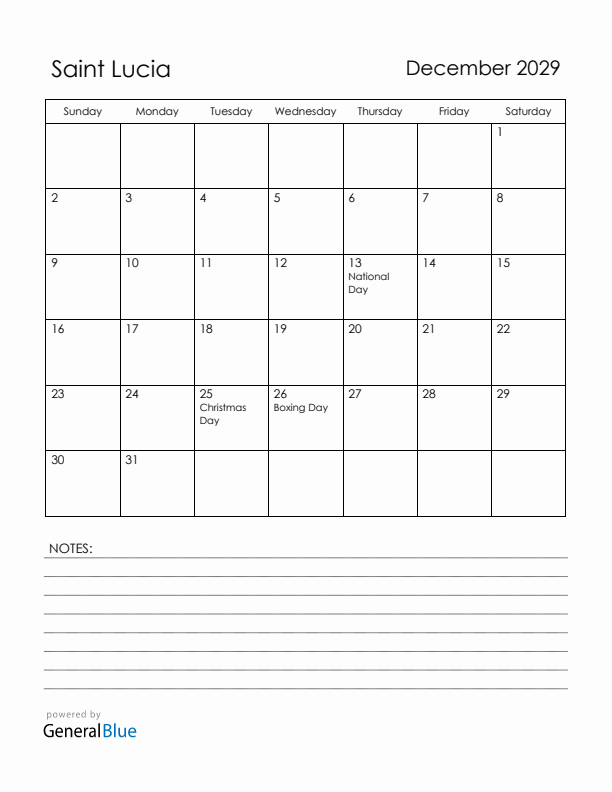 December 2029 Saint Lucia Calendar with Holidays (Sunday Start)