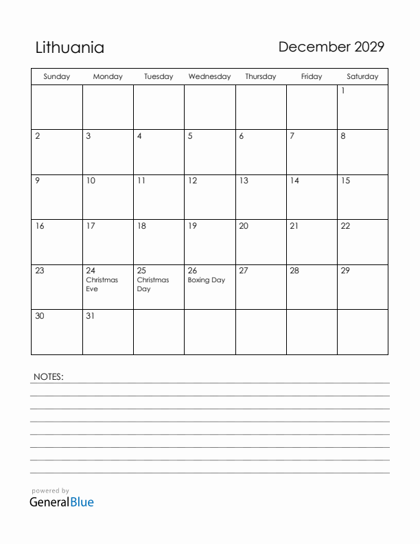 December 2029 Lithuania Calendar with Holidays (Sunday Start)