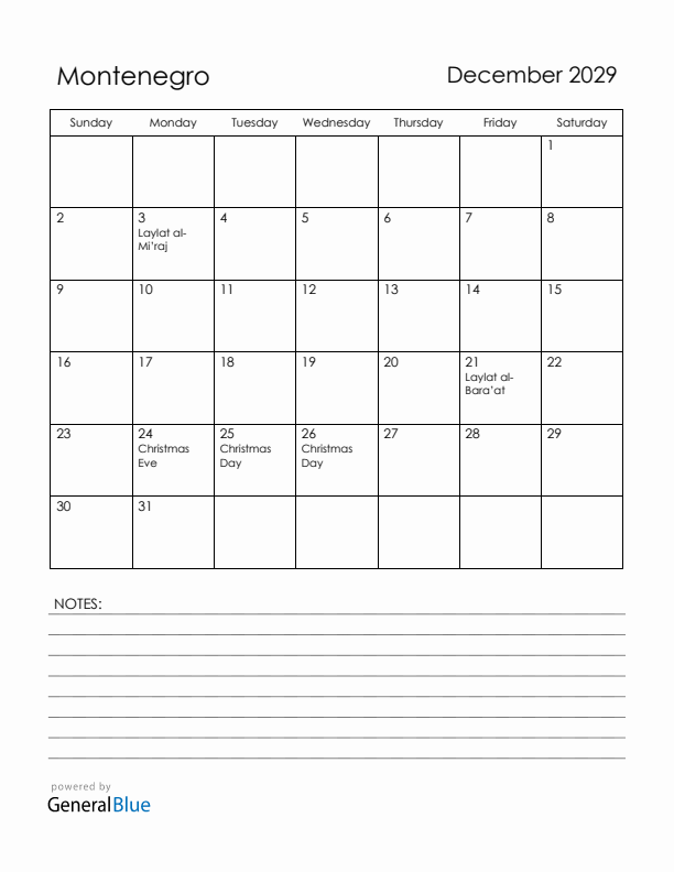 December 2029 Montenegro Calendar with Holidays (Sunday Start)