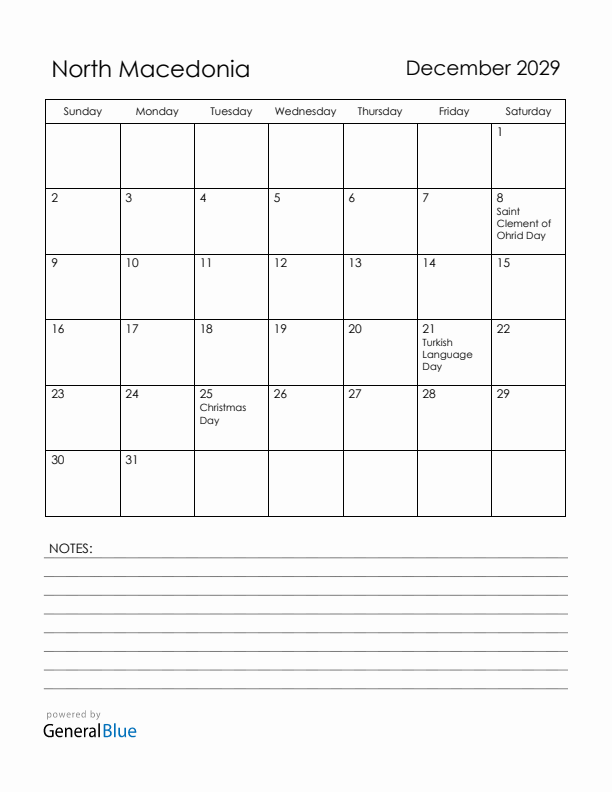 December 2029 North Macedonia Calendar with Holidays (Sunday Start)