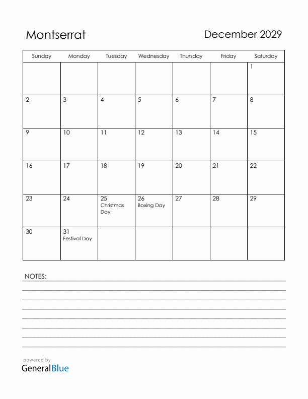 December 2029 Montserrat Calendar with Holidays (Sunday Start)