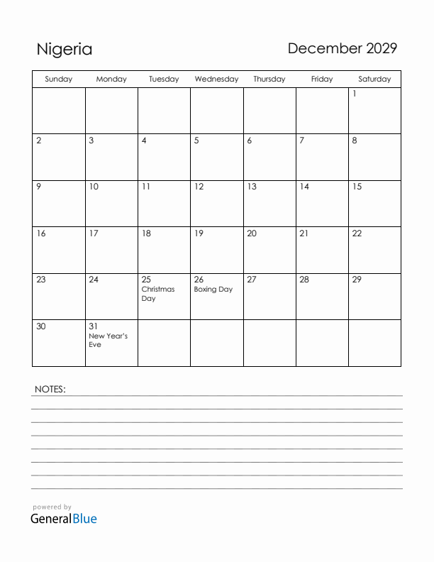 December 2029 Nigeria Calendar with Holidays (Sunday Start)