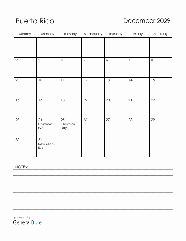 December 2029 Puerto Rico Calendar with Holidays (Sunday Start)