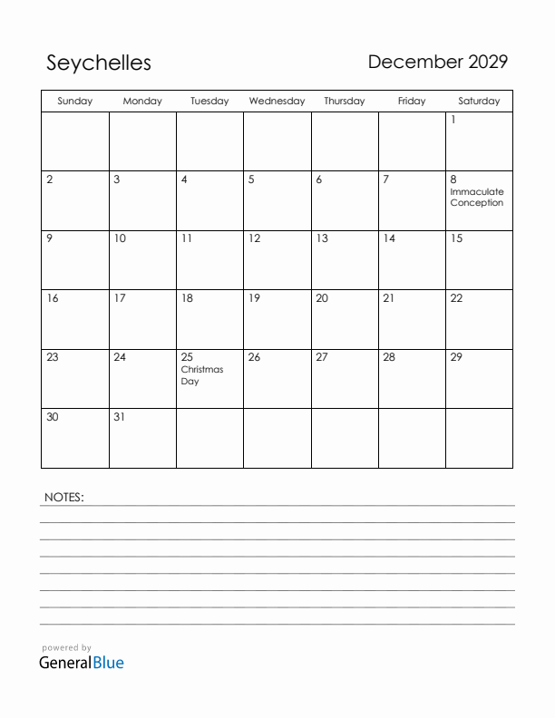 December 2029 Seychelles Calendar with Holidays (Sunday Start)