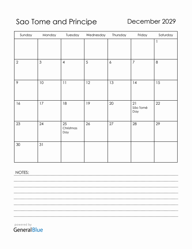 December 2029 Sao Tome and Principe Calendar with Holidays (Sunday Start)