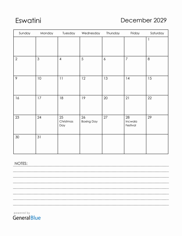 December 2029 Eswatini Calendar with Holidays (Sunday Start)