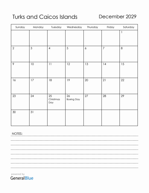 December 2029 Turks and Caicos Islands Calendar with Holidays (Sunday Start)