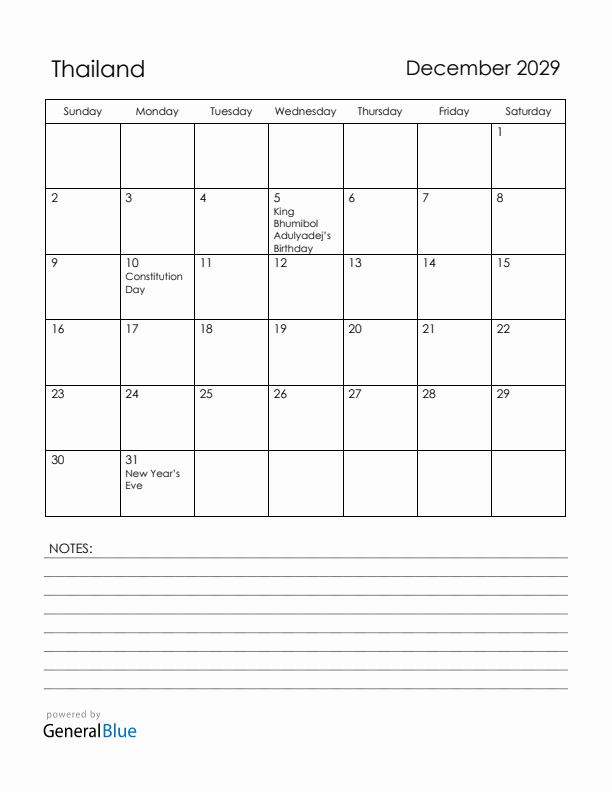December 2029 Thailand Calendar with Holidays (Sunday Start)