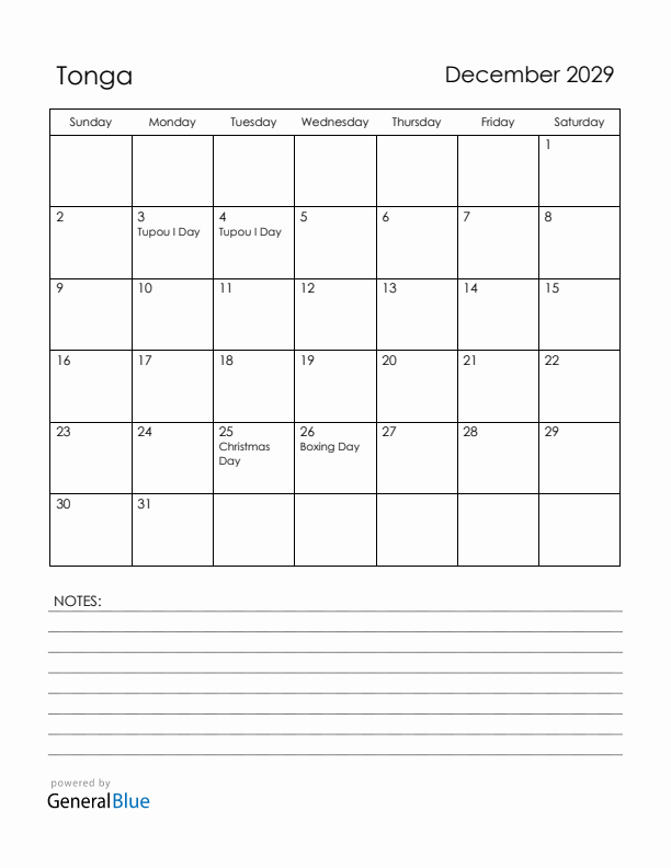 December 2029 Tonga Calendar with Holidays (Sunday Start)