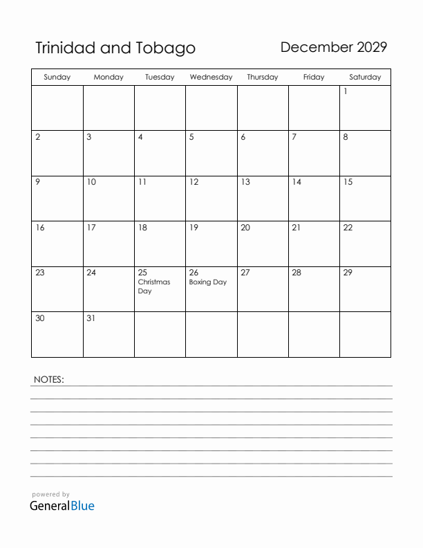 December 2029 Trinidad and Tobago Calendar with Holidays (Sunday Start)