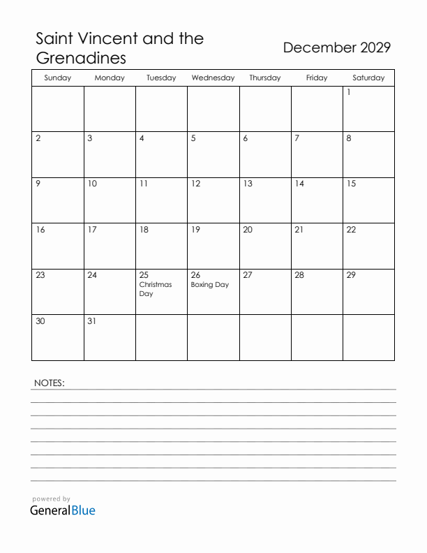 December 2029 Saint Vincent and the Grenadines Calendar with Holidays (Sunday Start)