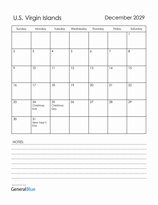 December 2029 U.S. Virgin Islands Calendar with Holidays (Sunday Start)