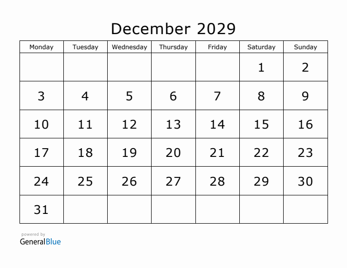 Printable December 2029 Calendar - Monday Start