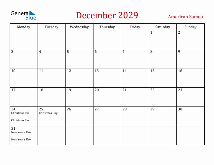 American Samoa December 2029 Calendar - Monday Start