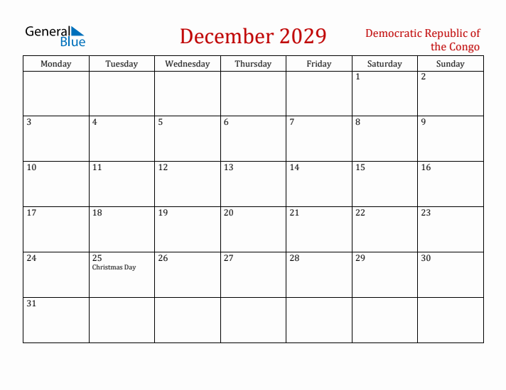 Democratic Republic of the Congo December 2029 Calendar - Monday Start