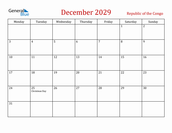 Republic of the Congo December 2029 Calendar - Monday Start