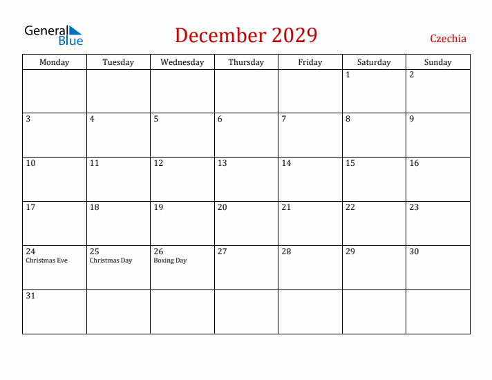 Czechia December 2029 Calendar - Monday Start