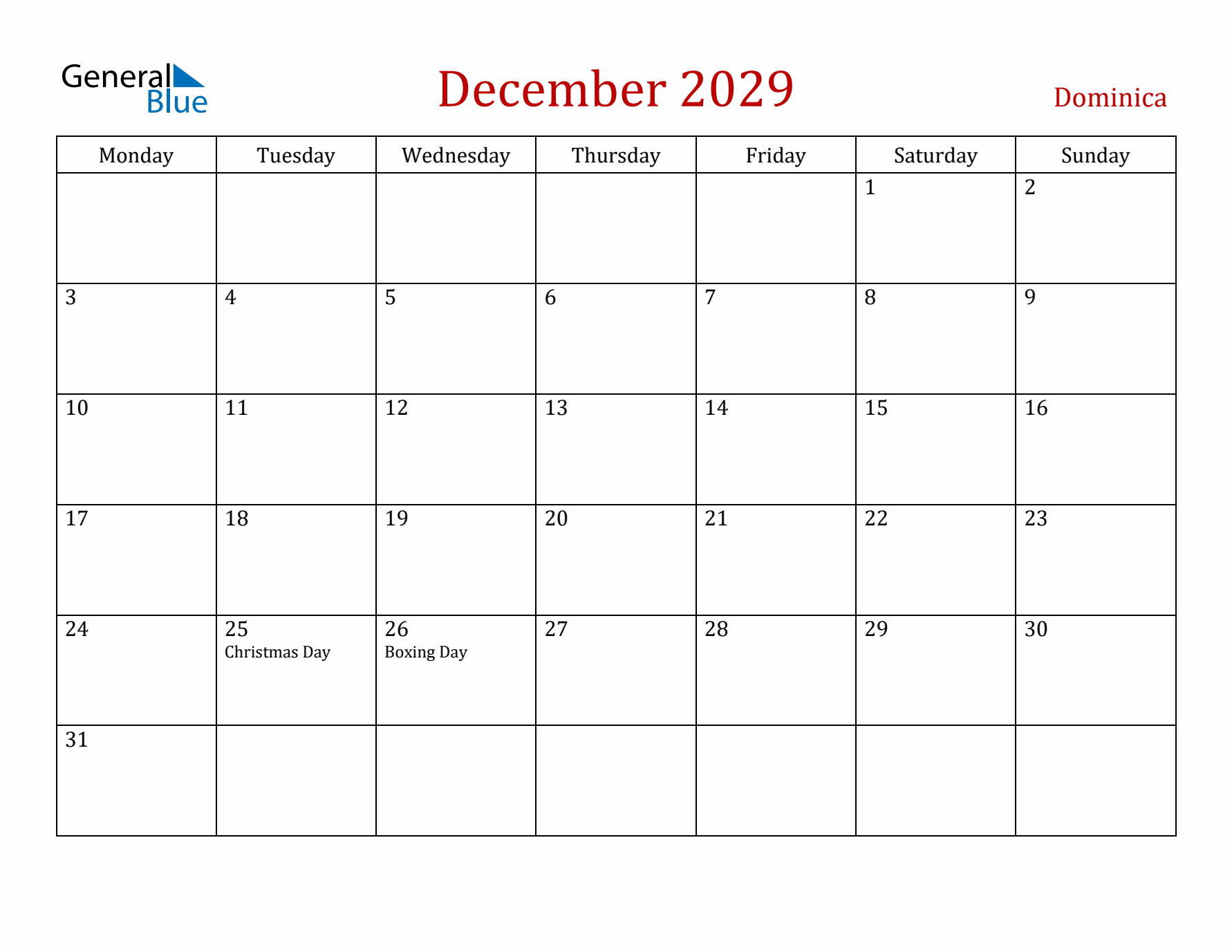 Dominica December 2029 Calendar - Monday Start