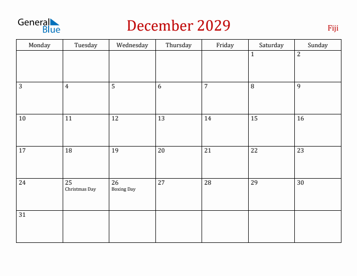 Fiji December 2029 Calendar - Monday Start