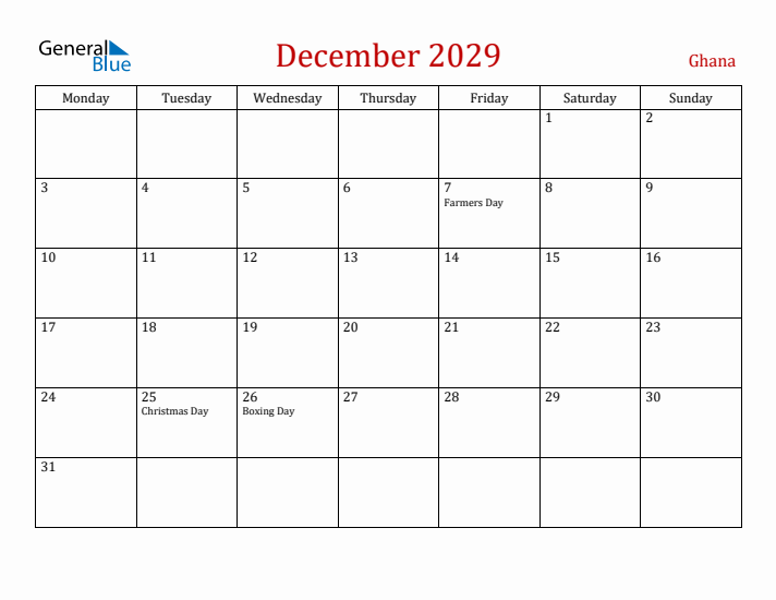 Ghana December 2029 Calendar - Monday Start