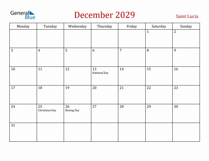 Saint Lucia December 2029 Calendar - Monday Start