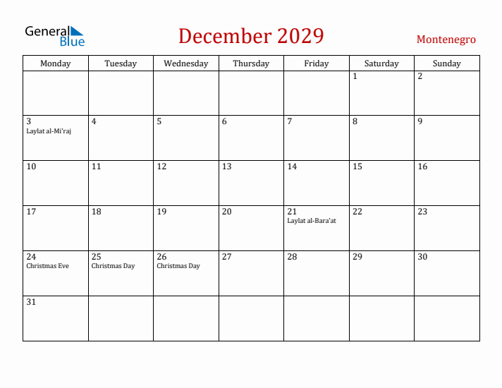 Montenegro December 2029 Calendar - Monday Start