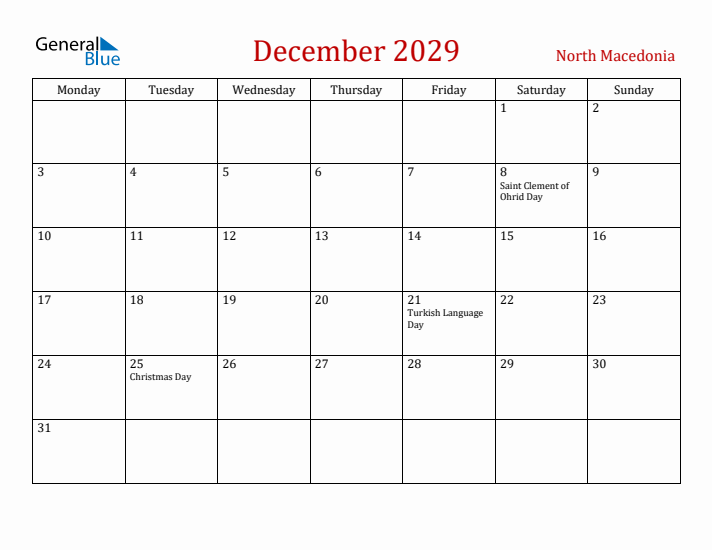North Macedonia December 2029 Calendar - Monday Start