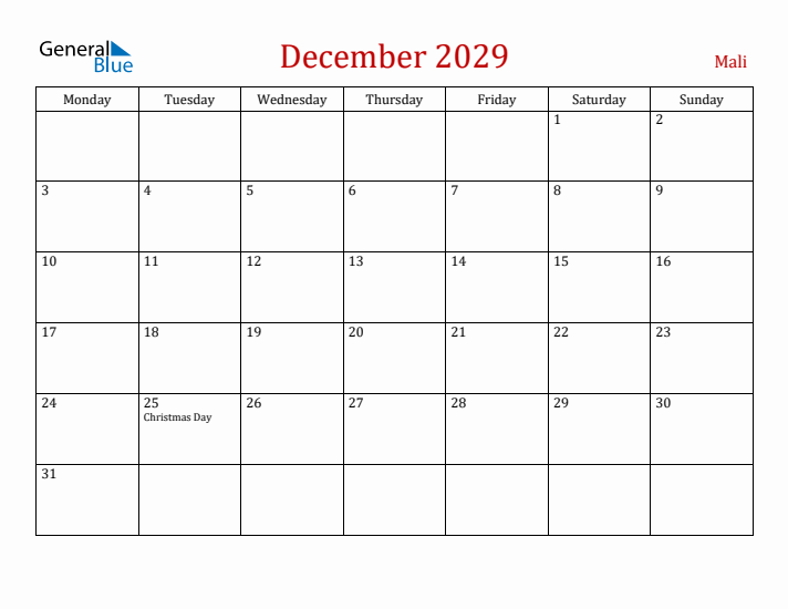 Mali December 2029 Calendar - Monday Start