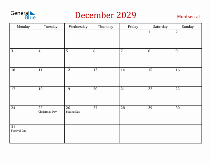 Montserrat December 2029 Calendar - Monday Start