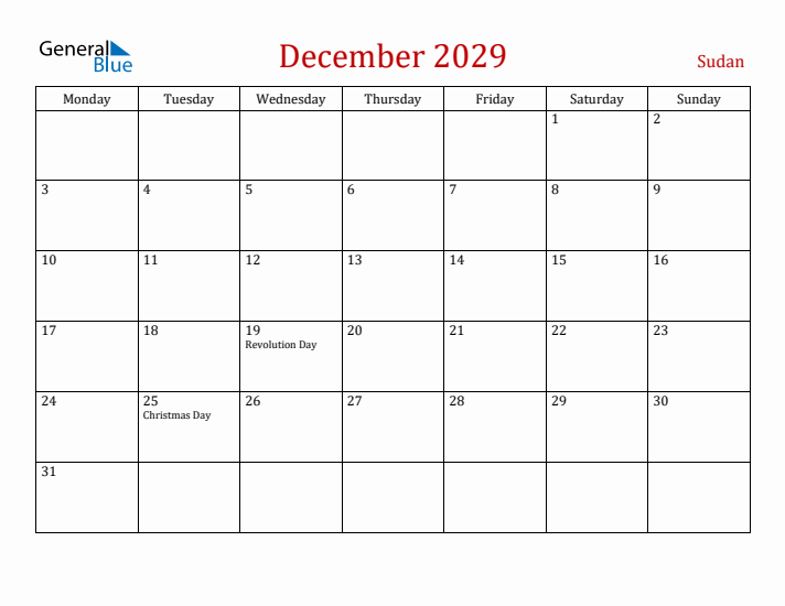 Sudan December 2029 Calendar - Monday Start
