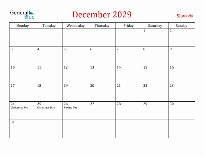 Slovakia December 2029 Calendar - Monday Start