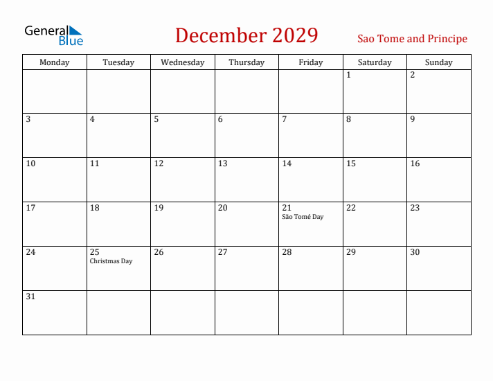 Sao Tome and Principe December 2029 Calendar - Monday Start