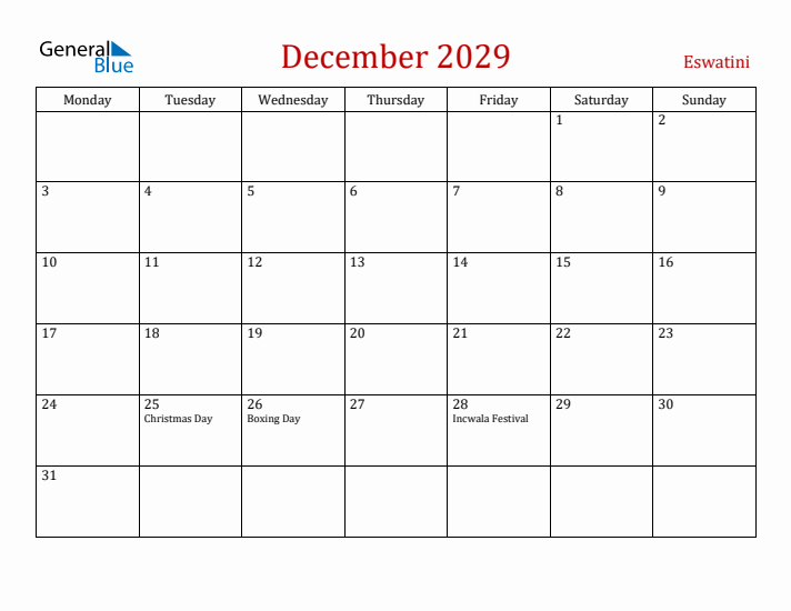 Eswatini December 2029 Calendar - Monday Start