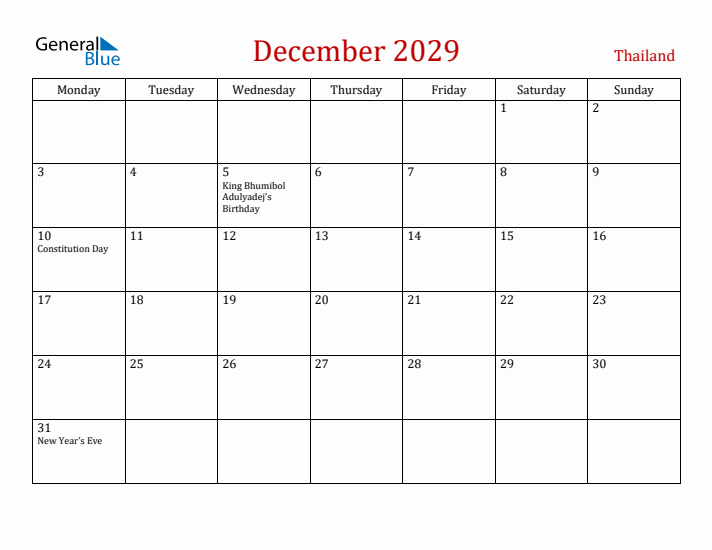 Thailand December 2029 Calendar - Monday Start