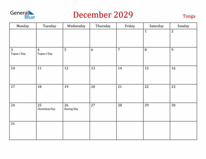 Tonga December 2029 Calendar - Monday Start