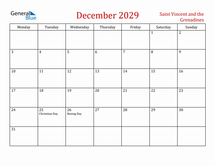 Saint Vincent and the Grenadines December 2029 Calendar - Monday Start