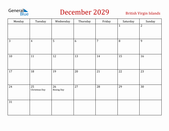 British Virgin Islands December 2029 Calendar - Monday Start
