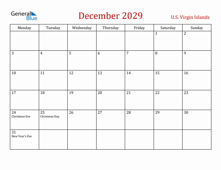 U.S. Virgin Islands December 2029 Calendar - Monday Start