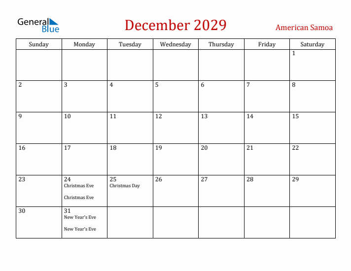 American Samoa December 2029 Calendar - Sunday Start