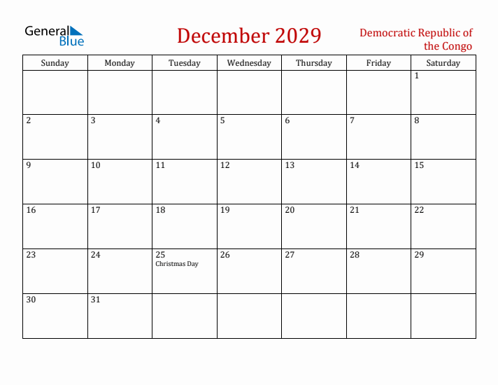 Democratic Republic of the Congo December 2029 Calendar - Sunday Start
