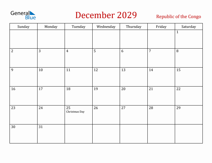 Republic of the Congo December 2029 Calendar - Sunday Start