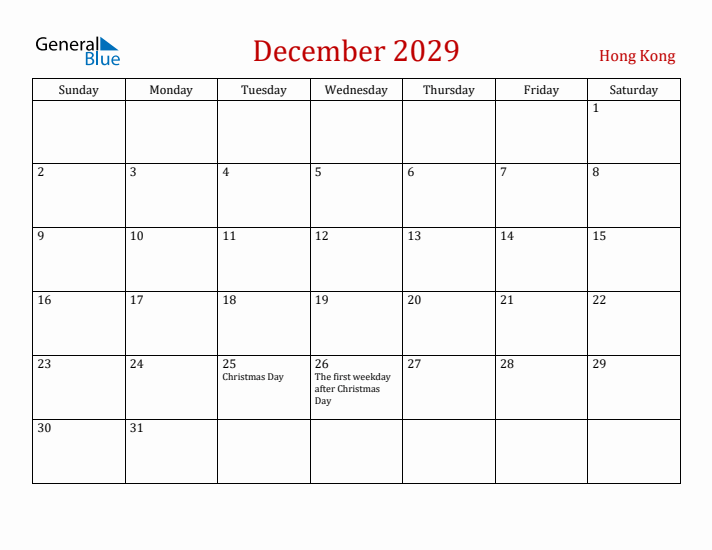 Hong Kong December 2029 Calendar - Sunday Start