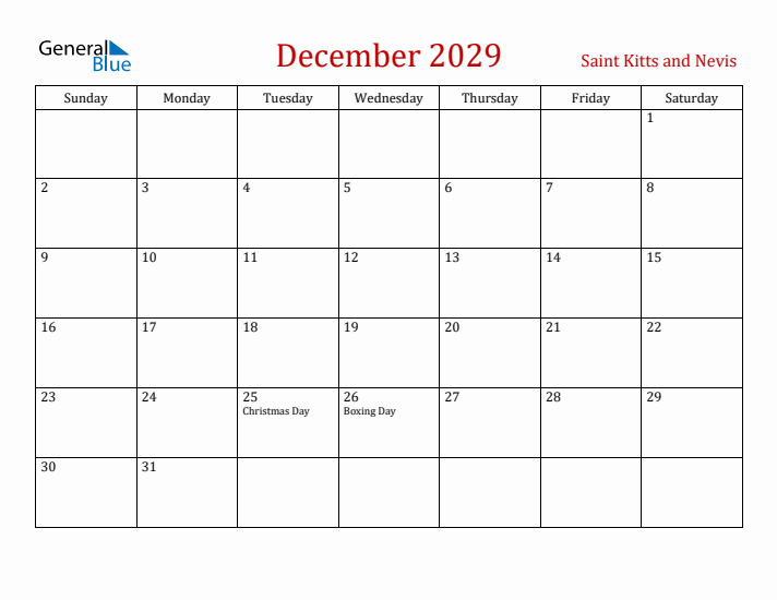 Saint Kitts and Nevis December 2029 Calendar - Sunday Start